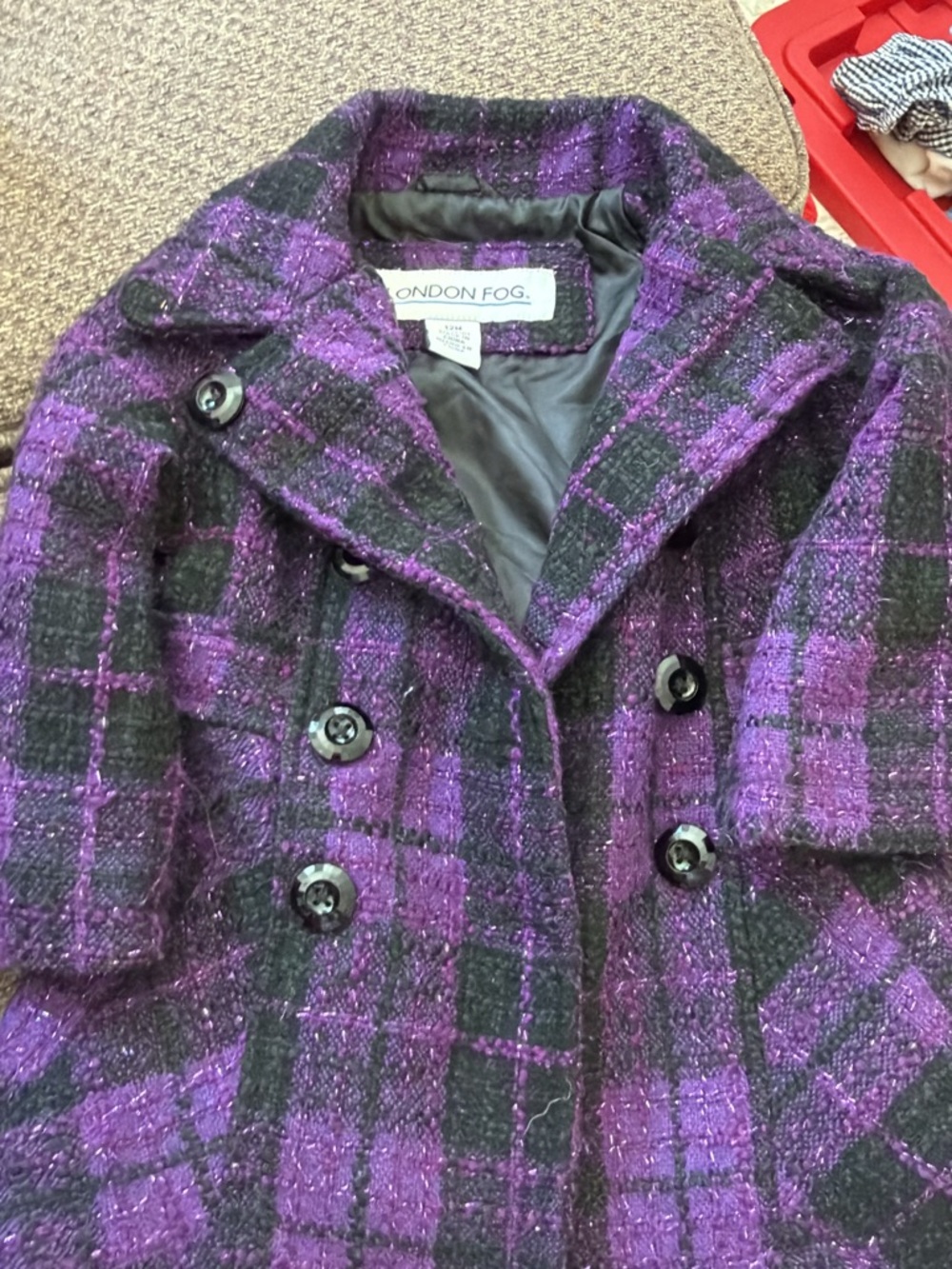 London Fog Purple and Black Plaid Kids Pea Coat